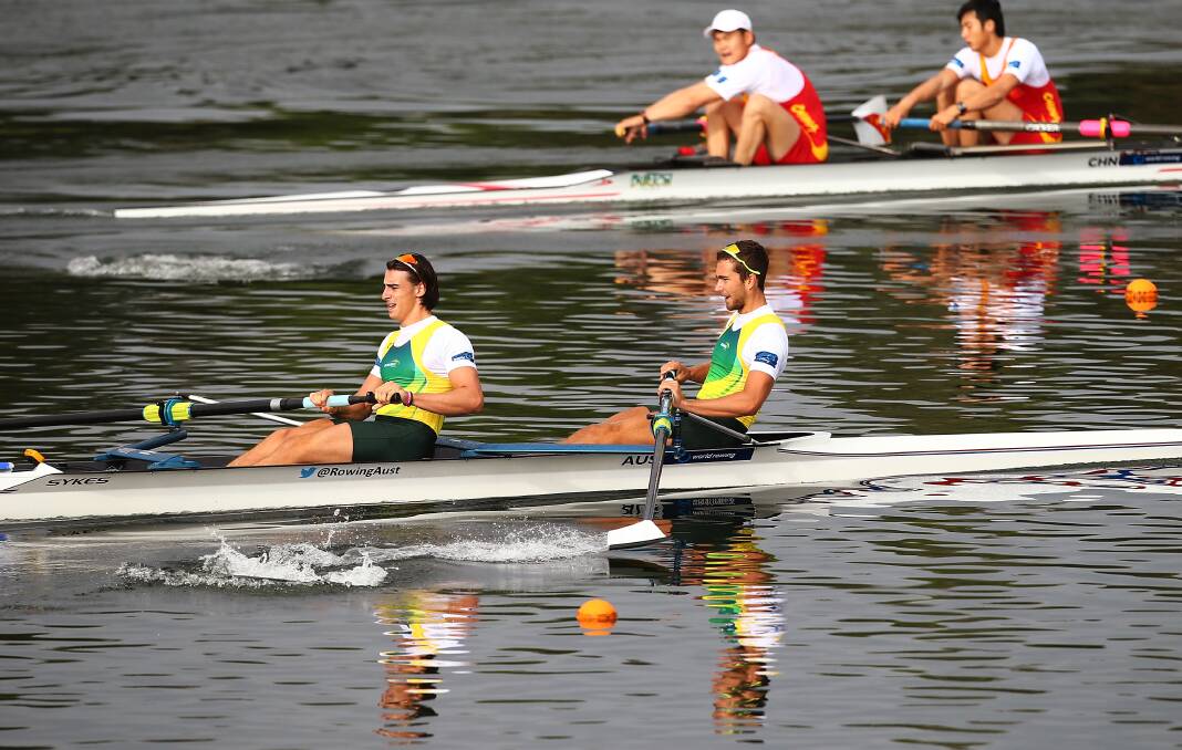 The Australian team of Nathan Bowden and Jed Nicolle compete in the Mens Pair race during the Rowing World Cup. Photo: Getty