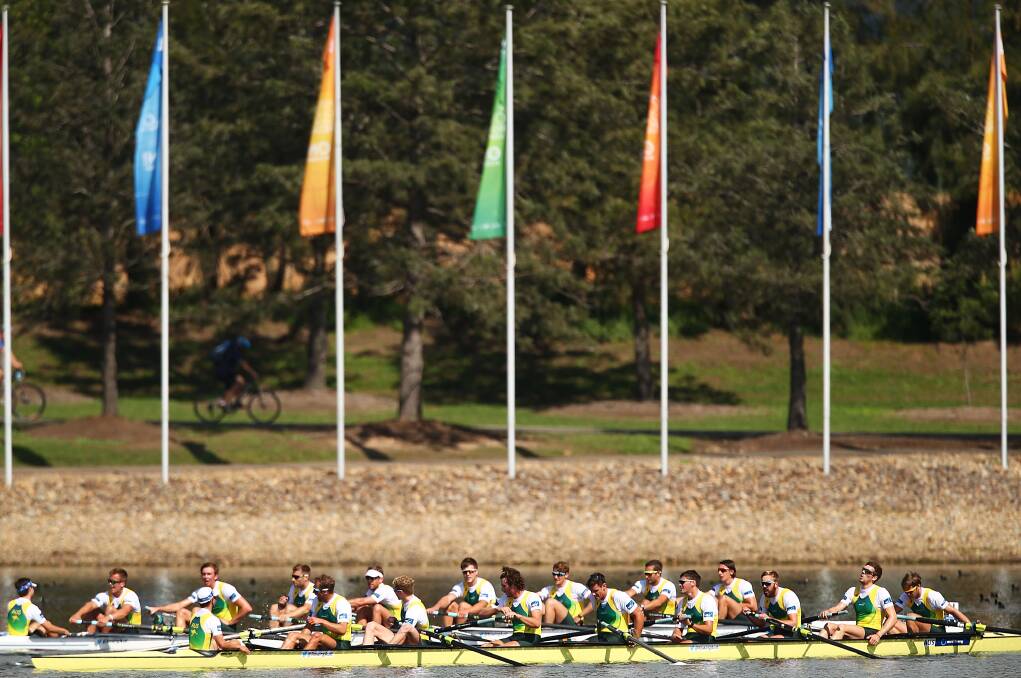 The Australian Mens 1 and Mens 2 teams after pictured after the Mens Eight race during the Rowing World Cup at the Sydney International Rowing Centre. Photo: Getty