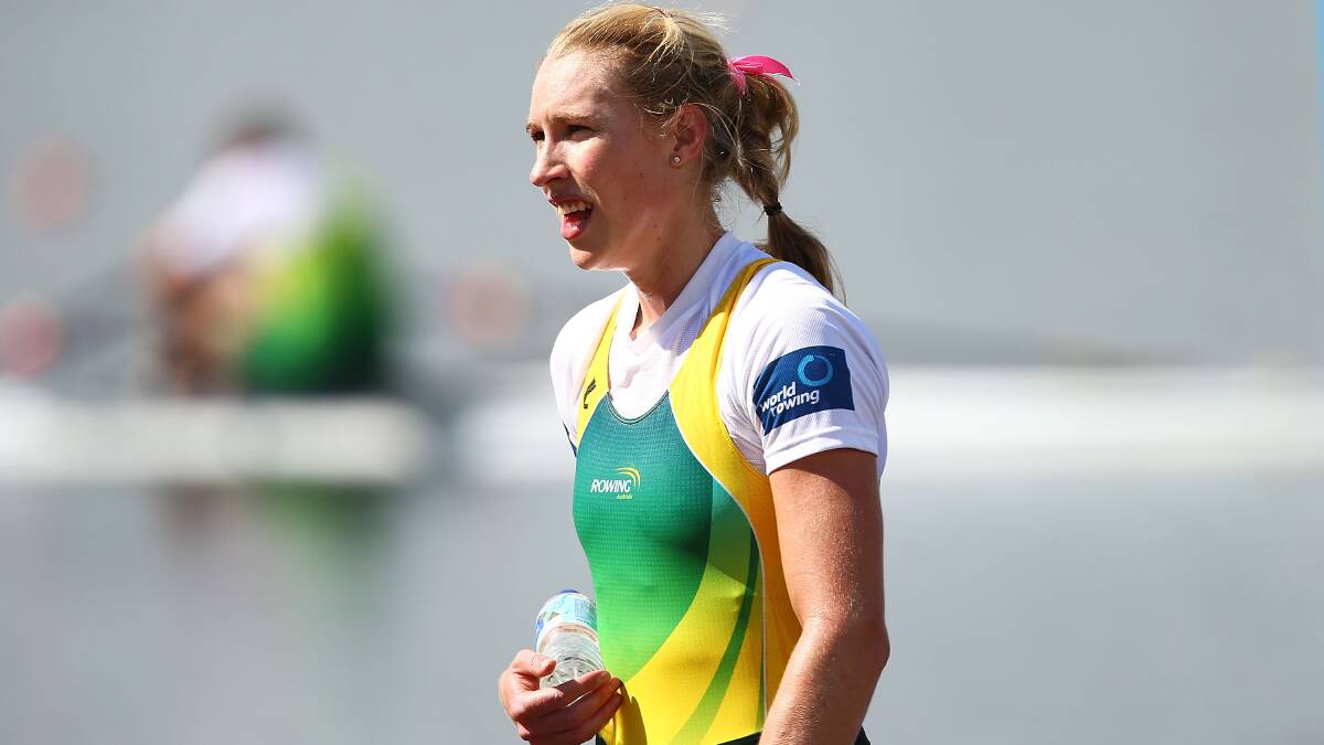 Kim Crow of Australia looks exhausted after her Womens Singles Sculls race during the Rowing World Cup at the Sydney International Rowing Centre on March 30. Photo: Getty