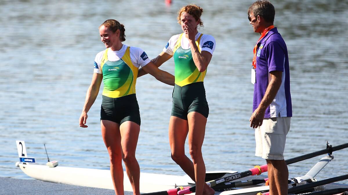 Maia Simmonds and Hannah Every-Hall of Australia celebrate winning the Lightweight Womens Double Sculls race during the Rowing World Cup. Photo: Getty