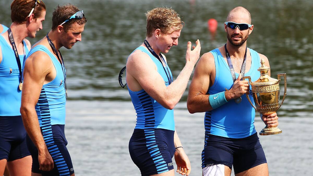 James Chapman holds the Kings Cup after NSW won the Interstate Mens Eight race during the Rowing World Cup at the Sydney International Rowing Centre. Photo: Getty