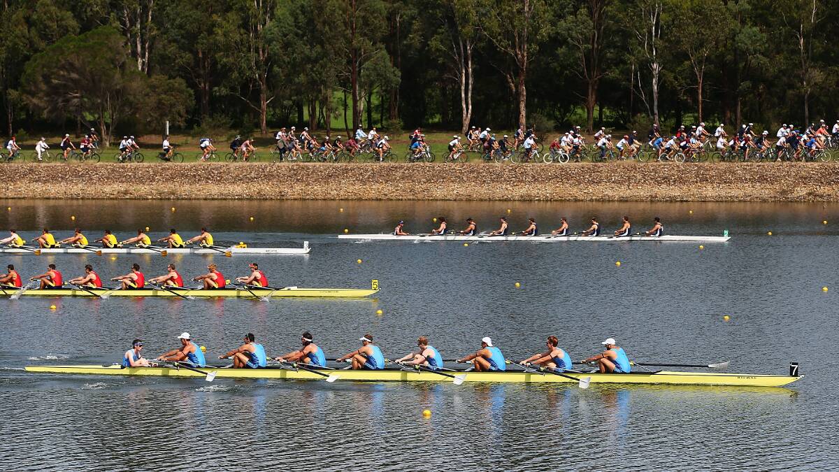 The NSW, South Australian, Western Australian and Victorian crews compete for the Kings Cup in the Iterstate Mens Eight race during the Rowing World Cup. Picture: Getty