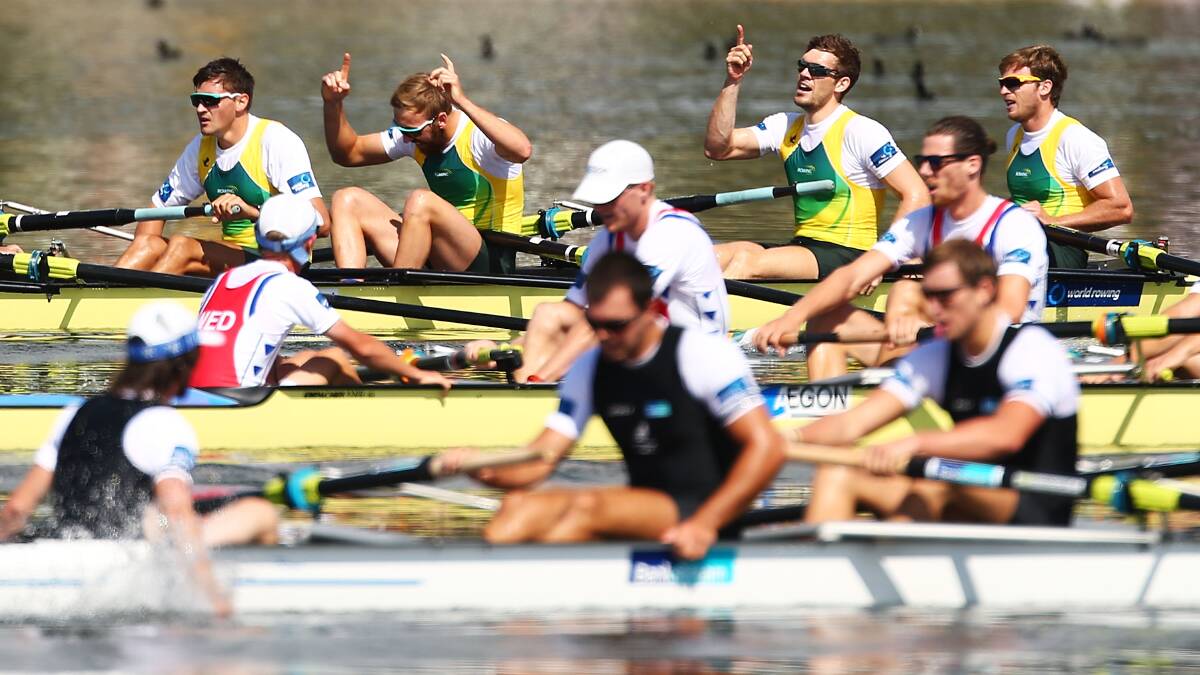 Members of the Australian crew celebrate after winning the Mens Eight race during the Rowing World Cup at the Sydney International Rowing Centre on March 30. Photo: Getty