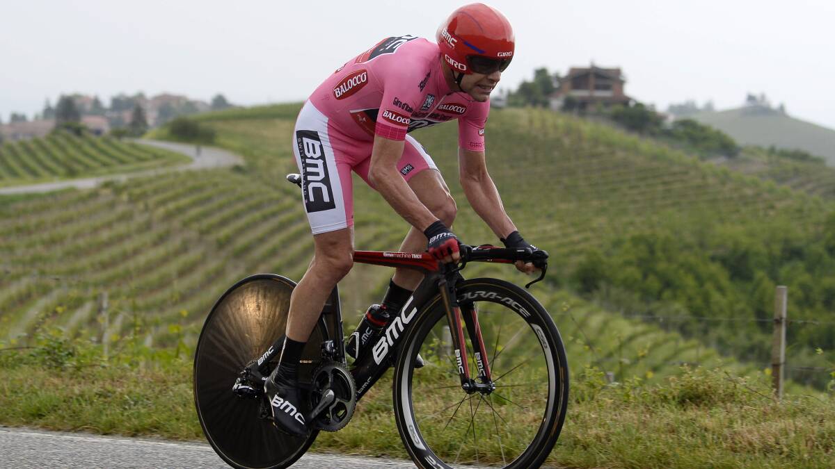 Cadel Evans sealed his 2011 Tour victory in the time trial disciplane. Here he powers his way through the 2014 Giro course in hilly Piedmont.
