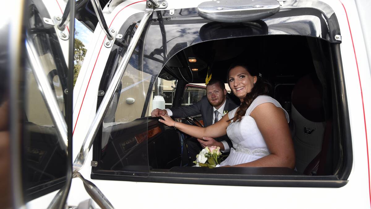 Newlyweds Ben and Melinda Prendergast arrived at Ballarat Lodge on Saturday for their wedding ceremony in Ben’s Westernstar truck.