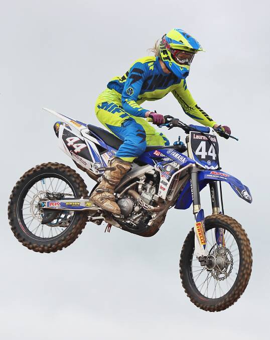 FLYING HIGH: Shipwreck Coast Motocross Club member Lauren Cook gets airborne during her ladies clubwomen winning ride in the final round of the Western Region Moto-X series. Picture: Karen Morriss