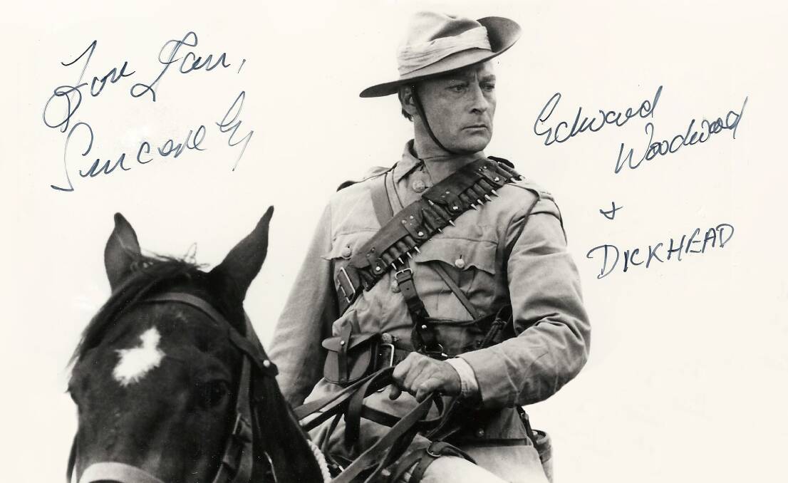 BREAKER MORANT (1980) | Edward Woodward astride Dickhead, signed to the reporter. Not an easy horse to work with, Woodward told this writer at the time.