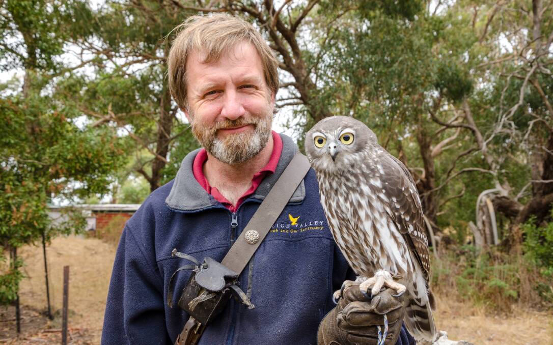 BIRDMAN: Martin Scuffins with Skeksi the barking owl at his property and raptor sanctuary just outside of Ballarat. Picture: Victoria Stone-Meadows. 