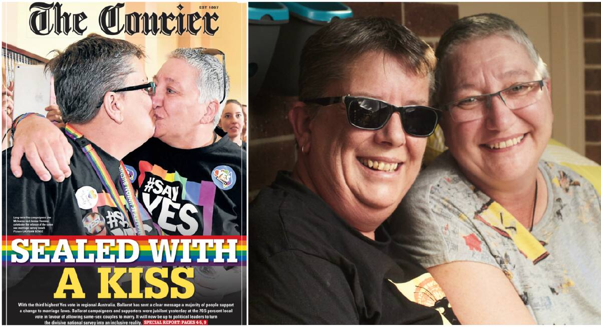 LIPS LOCKED: The front page that drew comments from the public and Jen McInerny and Janine Fleming, whose relationship is stonger than ever. Pictures: Lachlan Bence and Luka Kauzlaric. 