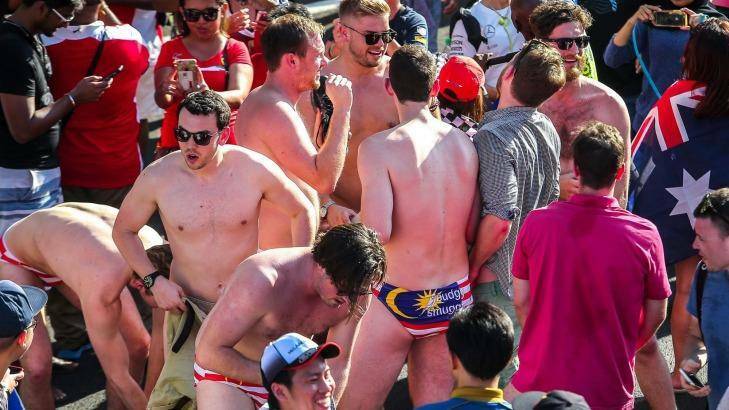 When Australian revellers stripped down to Malaysian flag-themed underpants at the Sepang Formula 1 grand prix on Sunday, officials took offence. Photo: New Straits Times/Osman Adnan