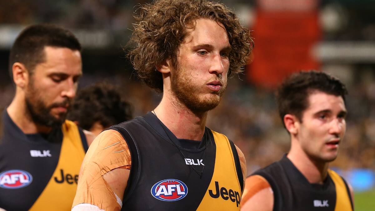 PERTH, AUSTRALIA - APRIL 15: Ty Vickery of the Tigers looks on while walking from the field after being defeated during the round four AFL match between the West Coast Eagles and the Richmond Tigers at Domain Stadium on April 15, 2016 in Perth, Australia. (Photo by Paul Kane/Getty Images)