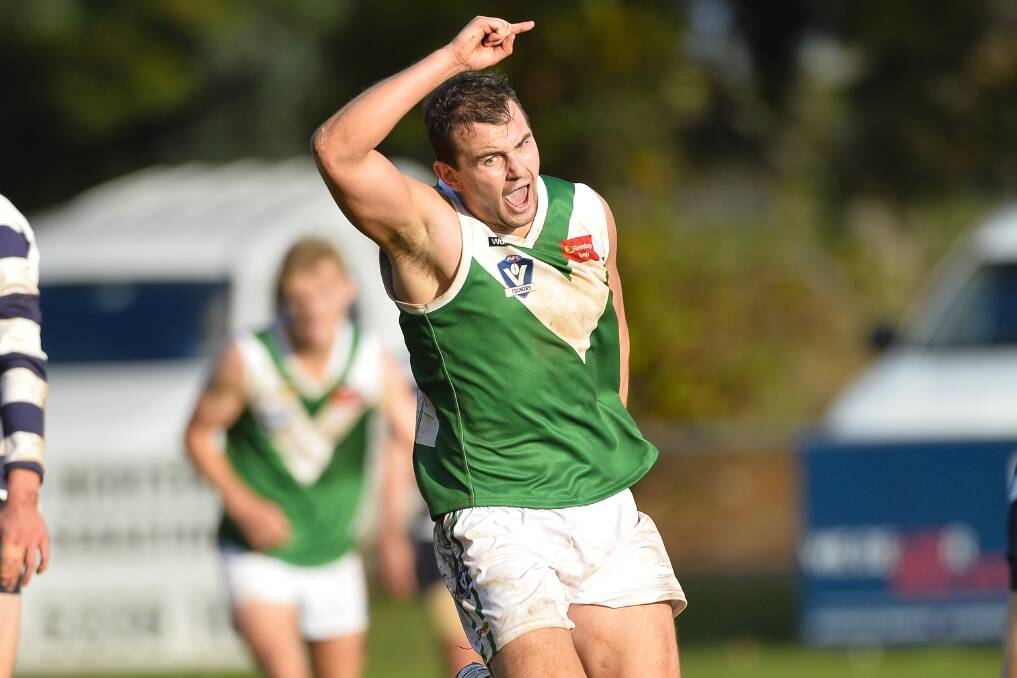  Aaron Gercovich of the Rokewood-Corindhap Grasshoppers celebrates a goal during the CHFL round four match against Newlyn.
