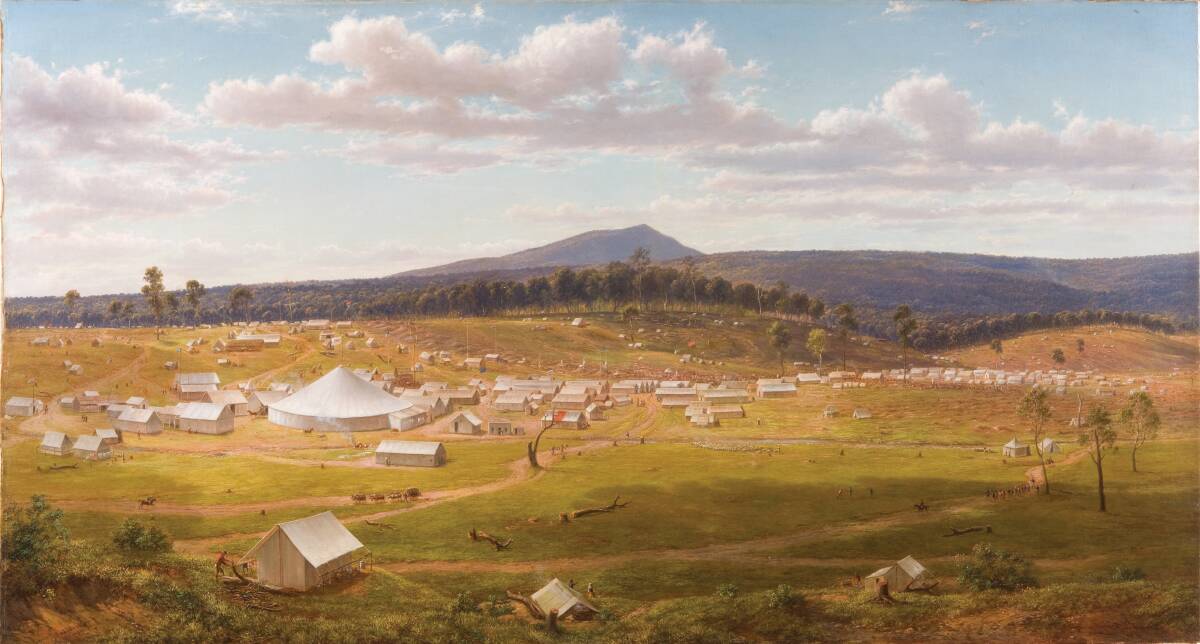Eugene von Guérard: Old Ballarat as it was in the summer of 1853–54 (1884)
Oil on canvas on board 75 x 138.6 cmArt Gallery of Ballarat. Gift of James Oddie on Eureka Day, 1885.