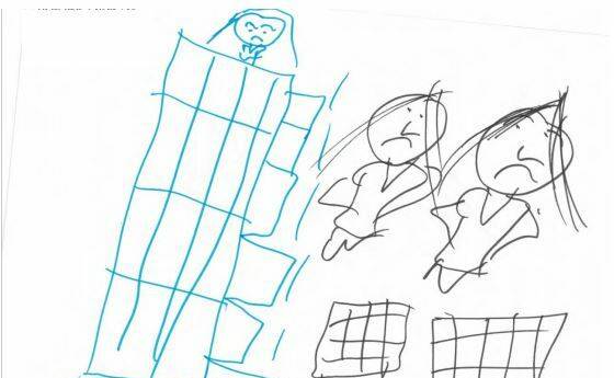 7 YEARS OLD: "I jumped from the house to the ground and I died. My mum and dad are crying."  A child's drawing from detention at Wickham Point. (Human Rights report).
