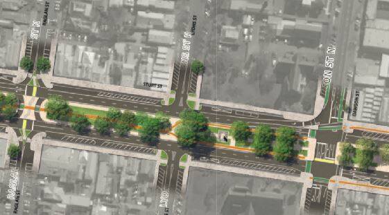The stretch of the proposed bike path showing where it  moves to the sides of the median and then to the outer sides of Sturt Street . Picture VicRoads