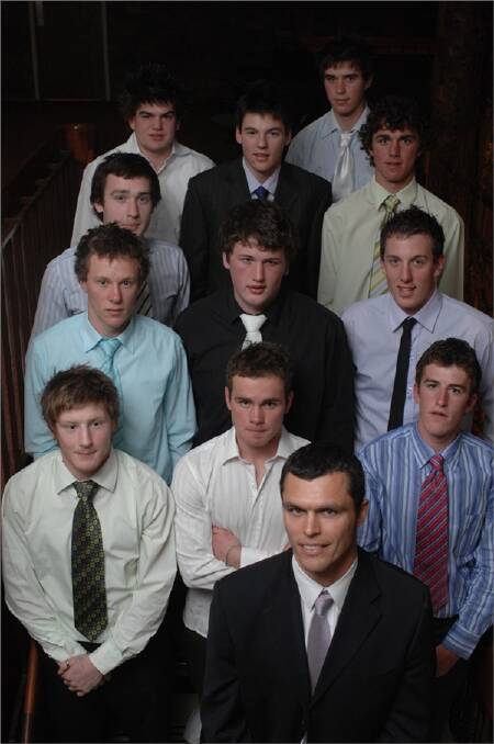 YOUNG TALENT: Former Richmond footballer Andrew Kellaway, front, with CHFL Rookie of the Year nominees, from left,  front to back, Glenn Kirby, Beau Ryan, Bryce Mullane, Ash Munari (winner), Josh Brown, Lachlan Shaw, Lachlan Vass, Daniel Milne, Nathan Mahoney, Steven Patterson and Darren Bruty.