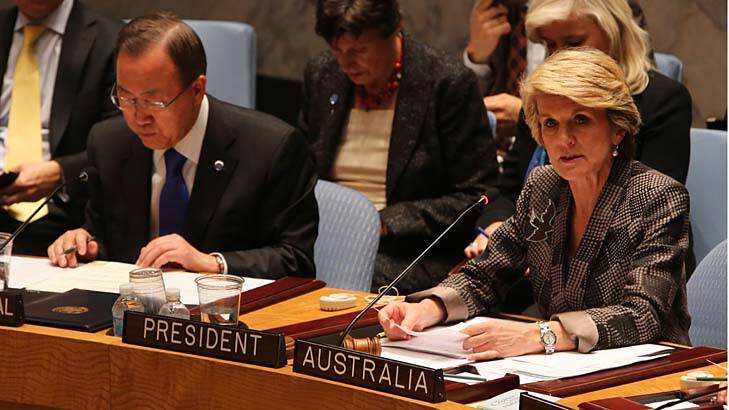 United Nations Secretary-General Ban Ki-moon, left, listens as Australian Foreign Minister Julie Bishop speaks during a Security Council meeting on small arms, at United Nations headquarters. Photo: AP/Mary Altaffer