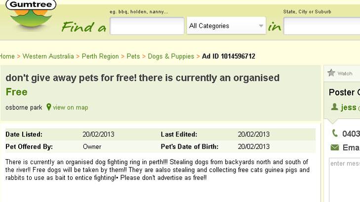An ad on Gumtree warns against advertising pets for free.