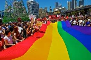IN SUPPORT: Protesters outside the ALP conference in Sydney yesterday rally in support of gay marriage