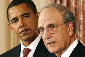 President Barack Obama listens to newly appointed Mideast envoy George Mitchell at the State Department in Washington.