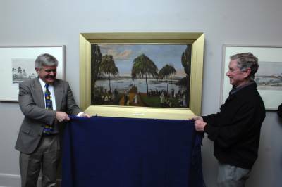 UNVEILED: Great grandson of artist Thomas Thompson, Neil Thompson and Andrew Tweedie from the Joe White bequest inspect an 1873 painting of Lake Wendouree at the Ballarat Fine Art Gallery. Pictu