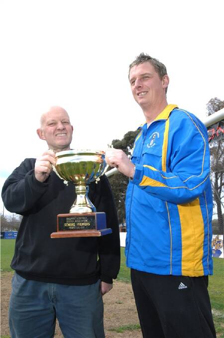 EYES ON THE CUP: Forest Rangers coach Rod Brissenden with Sebastopol coach Rod Oppenhuis, looking forward to Saturday's grand final. Picture: Zhenshi van der Klooster