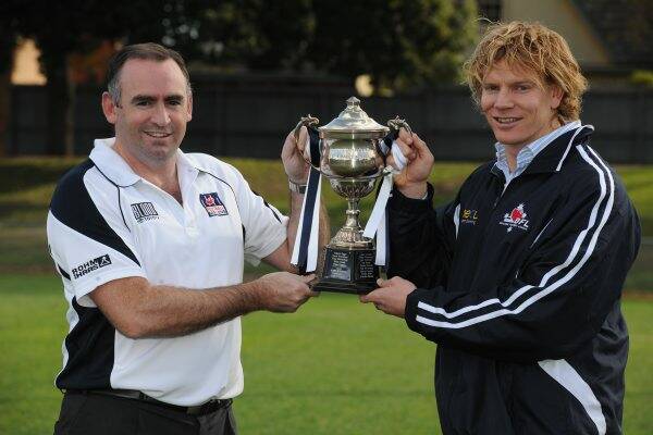 Football Geelong chief executive officer Lee Hartman and BFL interleague coach Kieran Murrihy. Picture: Lachlan Bence