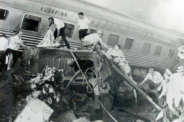 SCENE: Ballarat man Alan Hyatt help about 20 people escape the burning carriages of the Southern Aurora after it crashed at Violet Town, in north-east Victoria, in February 1969.