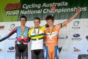 Time to celebrate: Under-23 time trial winner Rohan Dennis on the podium with Damien Howson (second) and Campbell Flakemore (third).
