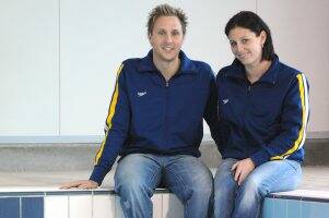 Coming home: Olympian Shayne Reese and partner Luke Harper at their new swim school in Delacombe. Picture: Adam Trafford