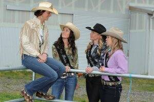 PARTING GIFT: Current Miss Rodeo Australia Caitlyn McPhee, left, raised $1000 for RDA on the way to being crowned. She shared some advice with this year’s finalists Miss Rodeo Pinley Bec Luxford, Miss Rodeo Tumbarumba Bobbie-Jo Geisler and Miss Rodeo Denniliquin Holly Bruce. Picture: Lachlan Bence.