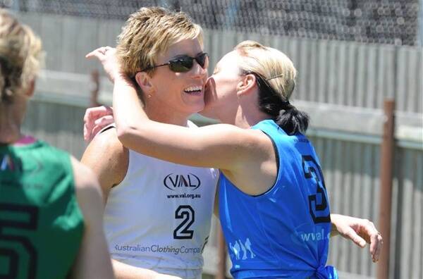 Ballarat's Narelle Lehmann is congratulated after winning the women's final of the Daylesford Gift. Picture: Lachlan Bence