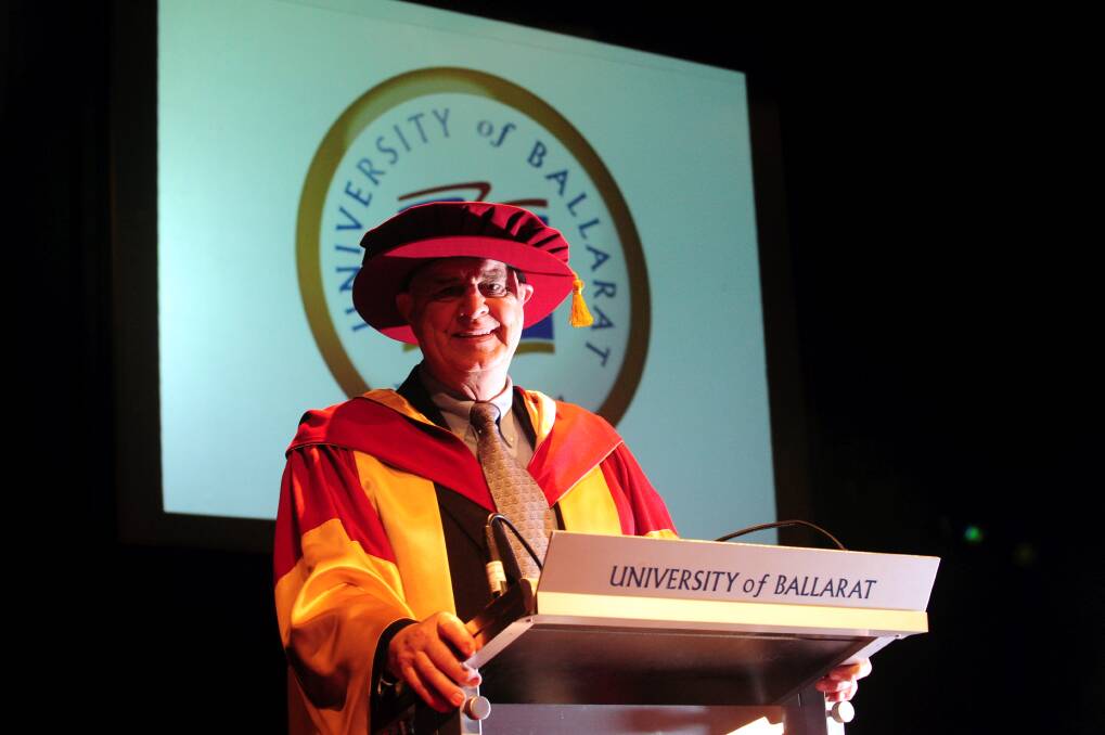 HONOUR: Ballarat identity Doug Sarah receives an honorary doctorate from UB for his service to the community. PICTURE: JEREMY BANNISTER.