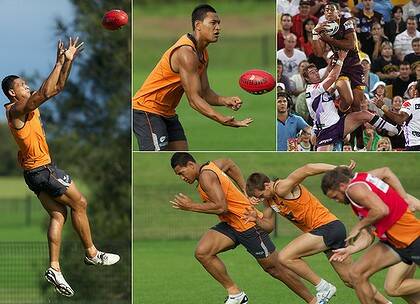 Aiming high ... clockwise from left, Folau training with the GWS Giants; takes a high ball under pressure for the Broncos in an NRL game; and works to get a step ahead of his fellow Giants players in sprints.