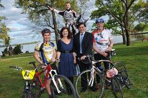 Dale Boucher from Ballarat Sebastopol Mountain Bike Club, Councillor Samantha McIntosh, Josh Jolly, 5, from the Ballarat Sebastopol BMX Club, Ballarat Cancer Research Centre director of research Dr George Kannourakis and rider Chris Charlesworth attend the launch of the 2012 Ballarat Spokes Cycle Classic.