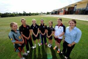 State captains of the Cricket Australia Under-18 Female Championships starting today in Ballarat, from left, Meg Phillips (Tas), Alex Price (SA), Anna Lanning (Vic), Emily Aberline (ACT), India Sieber (WA), Grace Harris (Qld) and Hannah Trollip (NSW).
