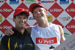 Stawell Gift winner Matt Wiltshire and coach Peter O’Dwyer are all smiles.