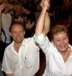 Victorious:  Karen Overington, with Geoff Howard, celebrates following the state election in 2006.