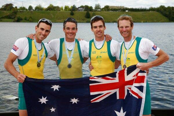 Silver medallists Tod Skipworth, Samuel Beltz, Blair Tunevitsch and Ballarat's Anthony Edwards. Picture: Hagen Hopkins