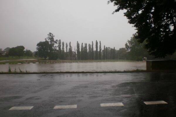 The Creswick Football Oval full of water. Picture: Donna Tiller