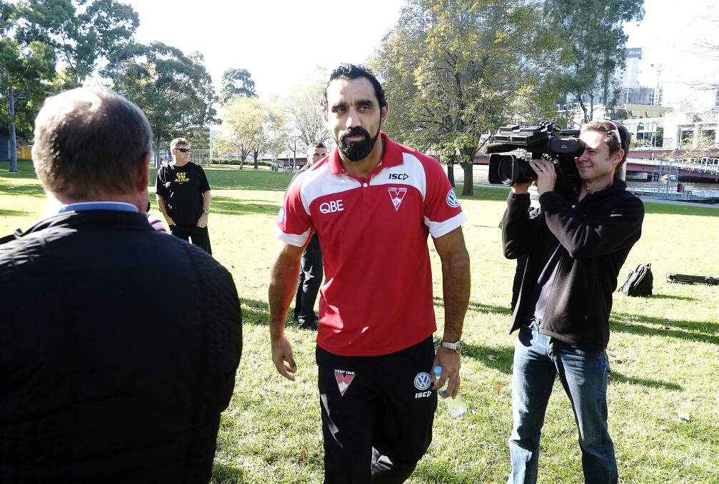Sydney Swans player Adam Goodes leaving a press conference in Melbourne on Saturday. PICTURE: THE SUNDAY AGE/ LUIS ENRIQUE ASCUI