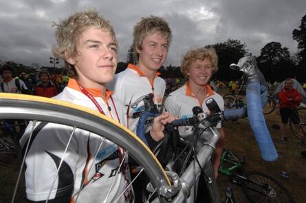READY TO GO: Ben Waye, Liam Shiels and  Max Kruger get set to leave Lake Wendouree on Saturday as cyclists kicked off the 25th Great Victorian Bike Ride, bound for Rokewood.