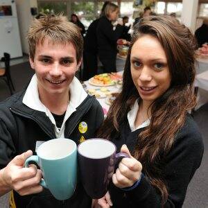 CHEERS: Marcus Hood and Jessica Fell get stuck into Australia's Biggest Morning Tea at Sebastopol College yesterday, where they raised more than $400 for the Cancer Council. Picture: Lachlan Bence