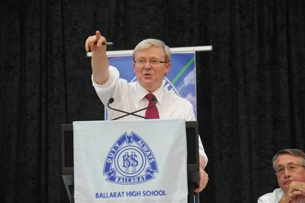 NEXT QUESTION: Prime Minister Kevin Rudd takes questions during last night's Community Cabinet Public Forum at Ballarat High School. Picture: Andrew Kelly
