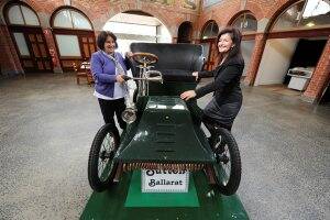HERITAGE: Lorayne Branch and Ballarat City councillor Samantha McIntosh this week with the historic Henry Sutton car at the Mining Exchange.