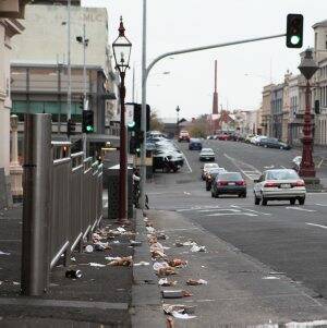 WHAT A MESS: Days before Ballarat’s Heritage Festival, rubbish is seen strewn along the east side of Lydiard Street North, leftover from Saturday evening. Picture:  Adam Trafford