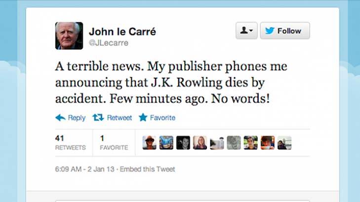Tommasso Debenedetti's fake John Le Carre account announces the death of J.K. Rowling.