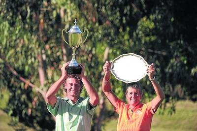 DEFENDING CHAMPIONS: Travis Tatt and Helen Pascoe  celebrate their 2010 Ballarat District Golf Association 54-hole open tournament title victories. The Buninyong duo begins their defence on their home course tomorrow.