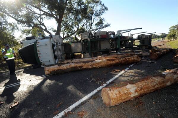 SCENE: Leading Senior Constable Tony Walker surveys the damage to the log truck which overturned near Enfield yesterday. Picture:  Jeremy Bannister