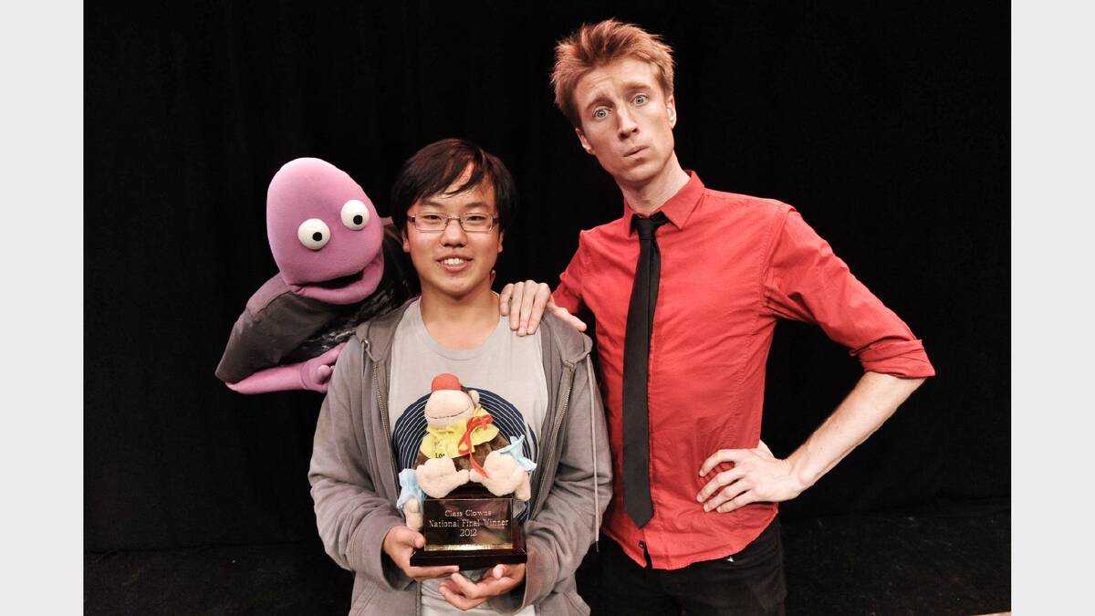 Last year's Class Clowns winner Aaron Chen with comedians Sammy J and Randy.